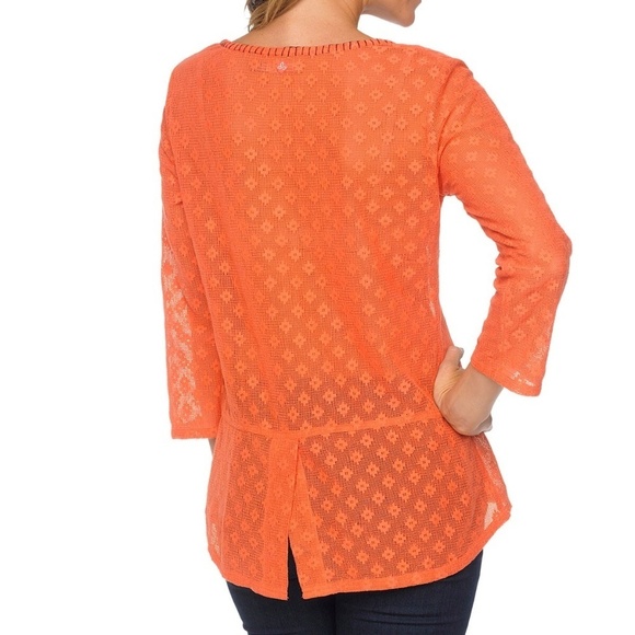 Prana | Coral Winnie Boho Mesh Lace Embroidered Peasant Top, Large - Picture 3 of 9